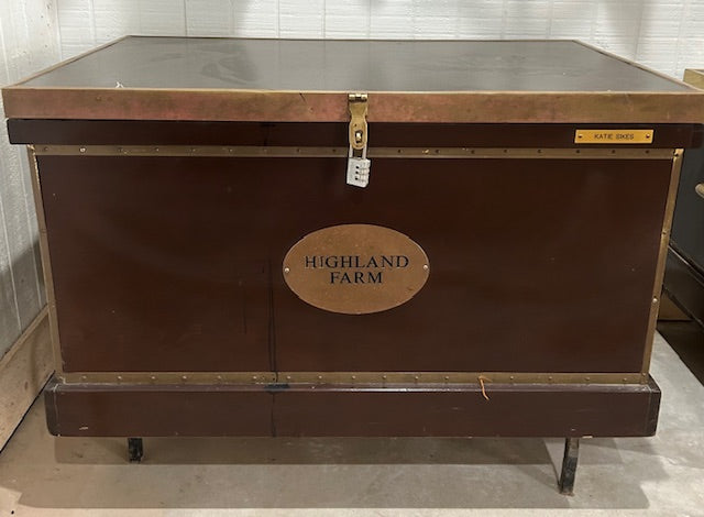 Brown Wood Tack Trunk with Gold Trim and Hardware