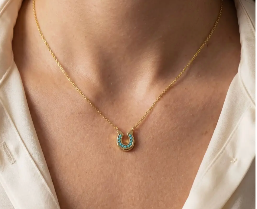 Mini Horseshoe Pendant Necklace - Gold/Turquoise - New!