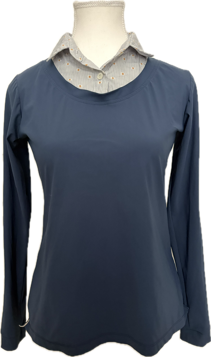 Callidae Women’s Long Sleeve Jersey Shirt- Blue with Floral Collar - Women's S