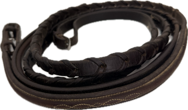 56" Brown Raised Band Laced Leather Reins